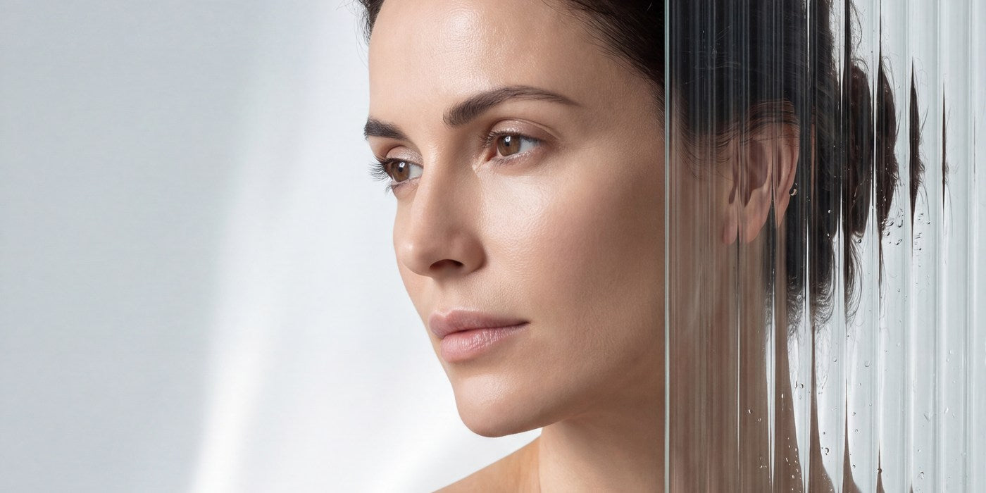 A woman's profile behind a panel of fluted shower glass.