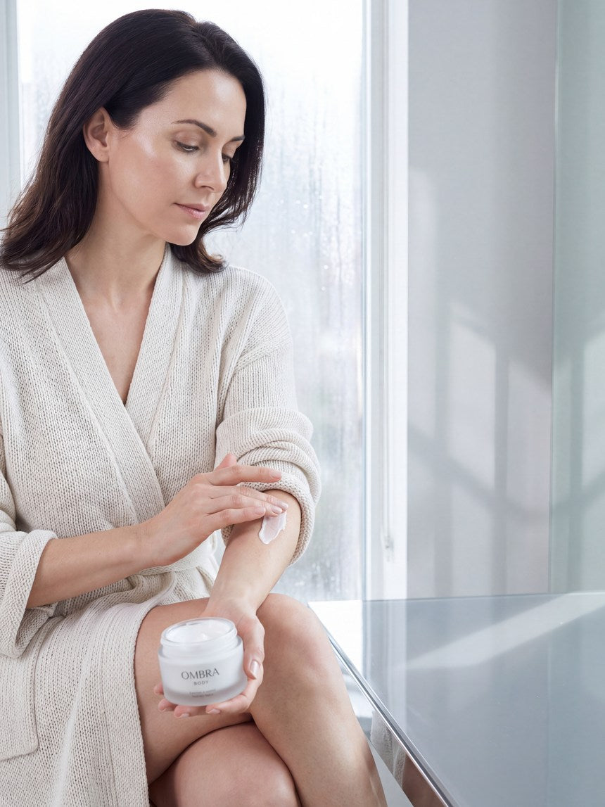 A woman in a robe at home, applying body cream.