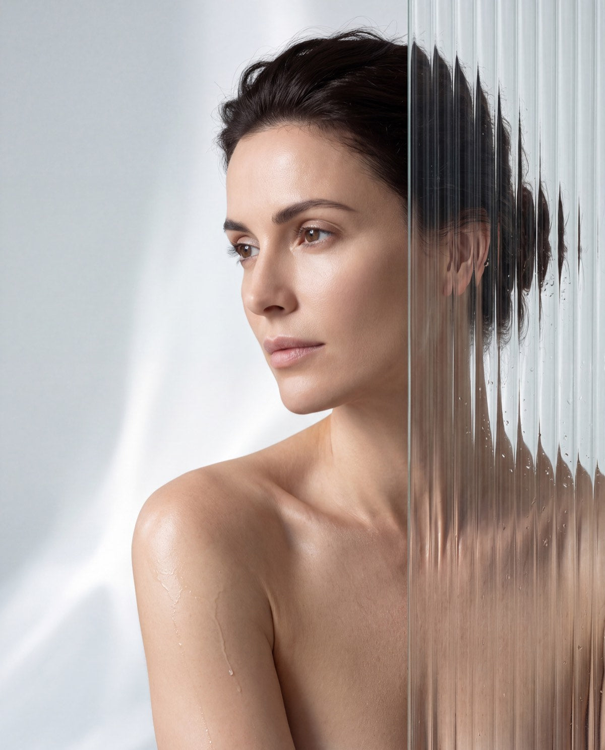 A woman's profile beside a panel of fluted glass, in a room of water light.